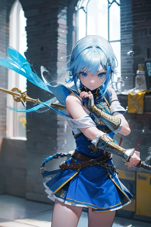 A blue and yellow-haired girl wears viking helmet wields the Heavy Thrusting Swords from within the Elden Ring in a reverse grip.