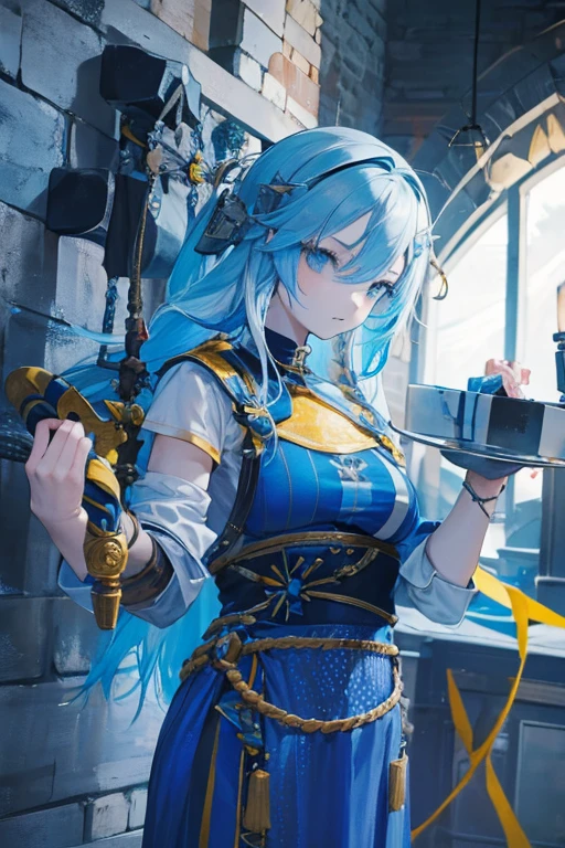 A blue and yellow-haired girl wears viking helmet wields the Heavy Thrusting Swords from within the Elden Ring in a reverse grip.