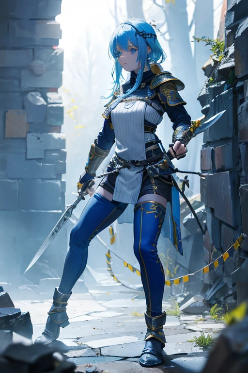 A blue and yellow-haired girl wears viking helmet wields the Heavy Thrusting Swords from within the Elden Ring in a reverse grip.