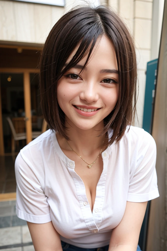 Top quality, 1 beautiful woman, super short Hair, Giddy Smile, wearing Shirt, Close Up