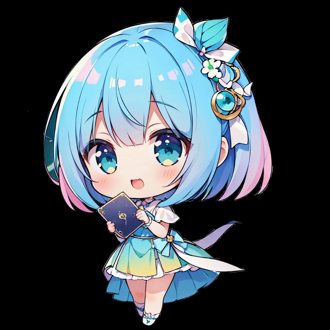 (Highest quality, masterpiece),(Highest quality), (Ultra-high resolution),girl , Bobcut,  chibi,Laughing、Card Reading、Holding a tarot card in one hand、Blue-green dress、Pink and teal gradient hair、Pink and blue gradient eyes、White ribbon in hair、People only、No background