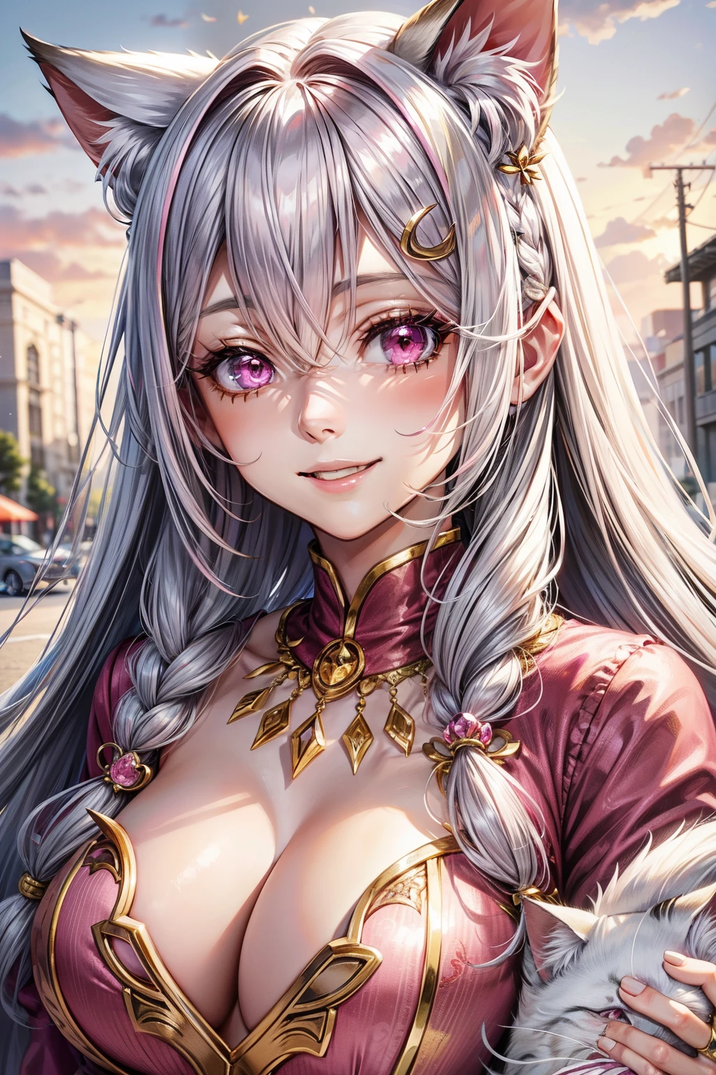 Silver hair, pink eyes, older woman, pink red and gold clothes, hair ornament, cat ears, necklace, long hair, smiling face, upper body