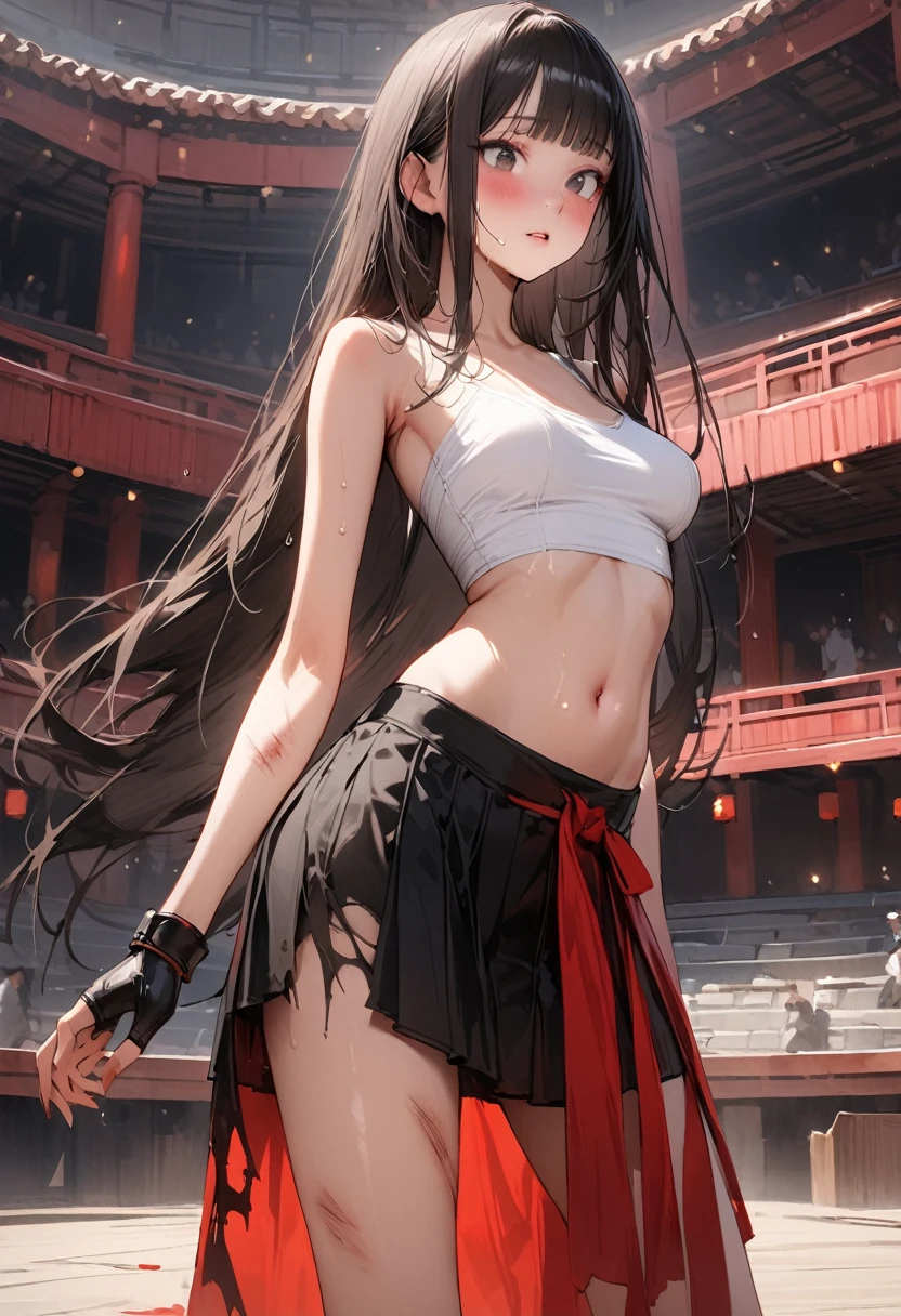 ((masterpiece,Highest quality:1.3,best quality illustration)),(realistic),cowboy shot,独奏,1woman,18 year old beauty,black hair,long hair,bangs,black eyes,gorgeous big eyes,((very small head:1.3)),blush,((very long body:1.2,skinny)),medium breasts,(Injury:1.3、Torn clothing:1.3)、White tube top shirt、navel、(Black pleated mini skirt),Brown leather fingerless gloves、sweat,in heat,gleaming skin,toned body,slender body、Martial Arts Posture,Martial Arts Matches、amphitheater、