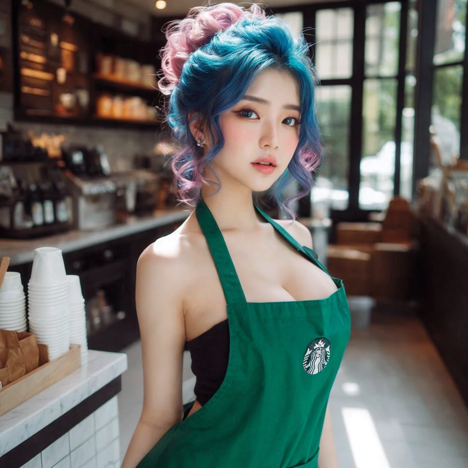 Cool beauty，Looks sweet，(updo, blue and pink hair), only wearing dark green starbucks apron, off-shoulders, plump body, medium chest, full body photo, standing pose. Side view. In coffee shop.