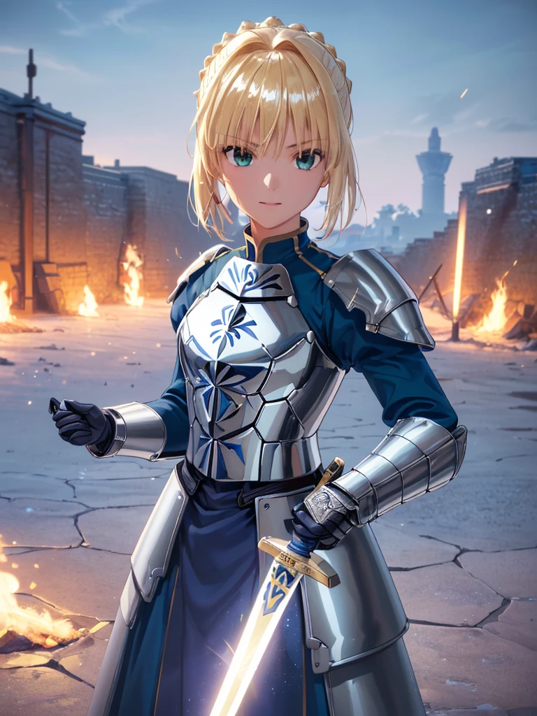 (masterpiece:1.4), (Highest quality:1.4), Realistic, One girl, Artoria Pendragon, armor,, (destiny/Stay Night\), (holding great sword:1.1), High resolution, Cowboy Shot, Outdoor, unity 8k wallpaper, (figure:0.8), (Beautiful attention to detail:1.6), Highly detailed face, Perfect lighting, Highly detailed CG, (3D Face:1.1), (Shiny skin:1.5), (超High resolution intricate face details), (Facial skin pores:1.3), 超High resolution cloth texture, (Canon EOS-1D X Mark III camera for outstanding detail:1.2), (Combined with Canon EF24-70mm f/2.8L II USM Lens:1.2), (He has the great sword Excalibur:1.2), Trenches on a war-torn battlefield, Barbed wire in the background, Coming under attack, Thundercloud, heroism, Movie-like atmosphere