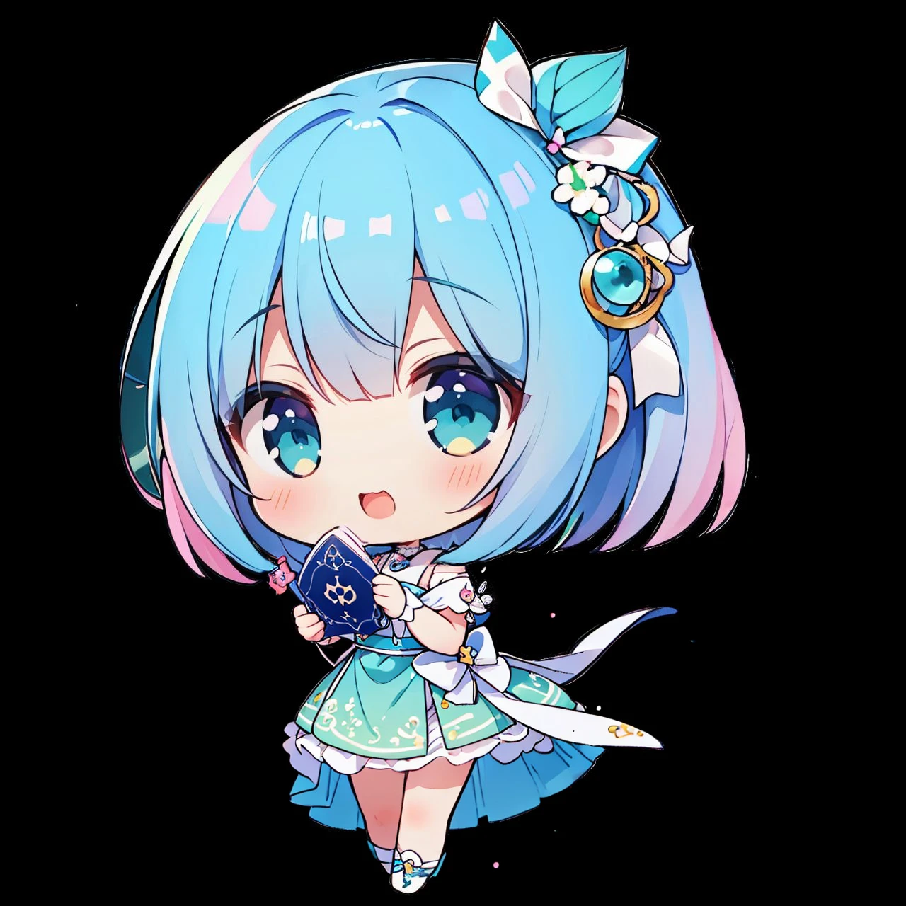 (Highest quality, masterpiece),(Highest quality), (Ultra-high resolution),girl , Bobcut,  chibi,Laughing、Card Reading、Holding a tarot card in one hand、Blue-green dress、Pink and teal gradient hair、Pink and blue gradient eyes、White ribbon in hair、People only、No background