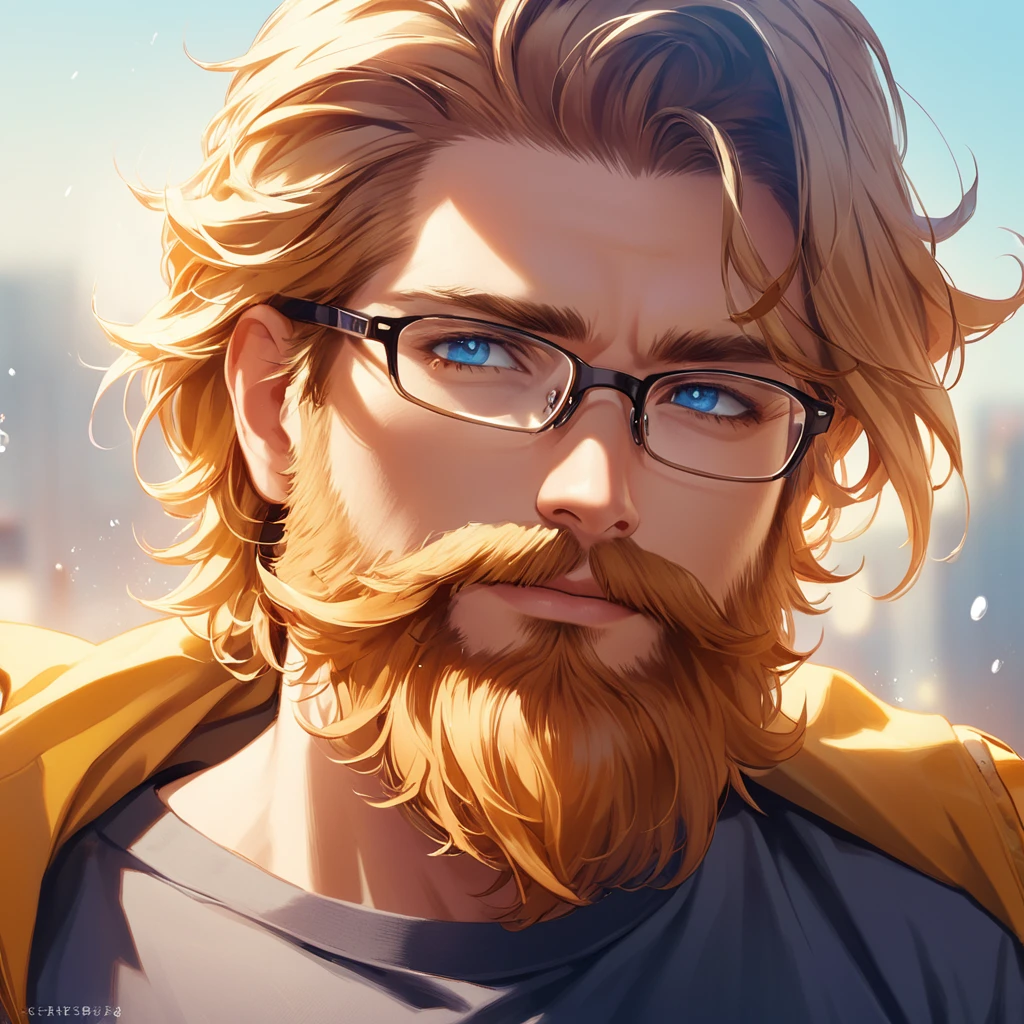 Blue eyes, short cherry blonde hair, Male, bearded, glasses, 35 years old.