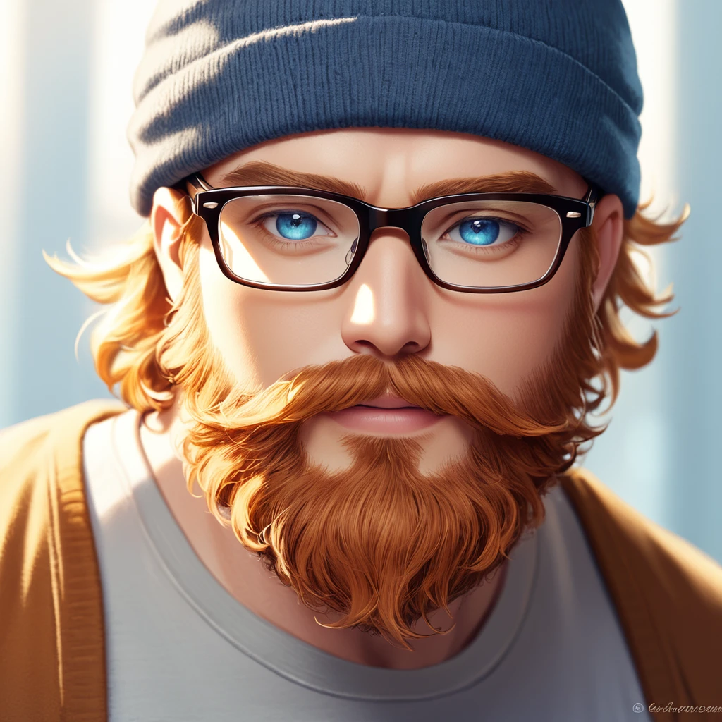 Blue eyes, short cherry blonde hair, Male, bearded, glasses, 35 years old.