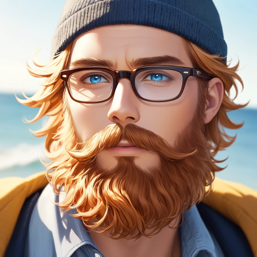 Blue eyes, short cherry blonde hair, Male, bearded, glasses, 35 years old.