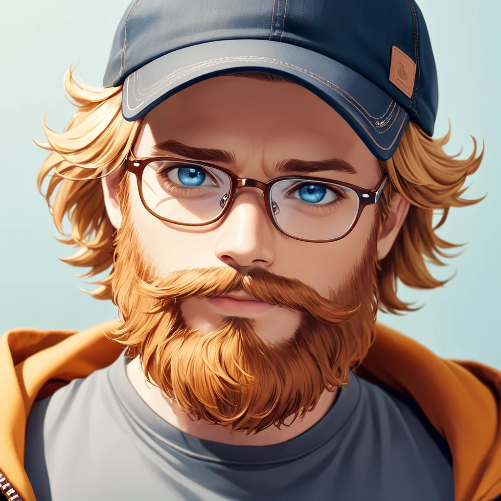 Blue eyes, short cherry blonde hair, Male, bearded, glasses, 35 years old.