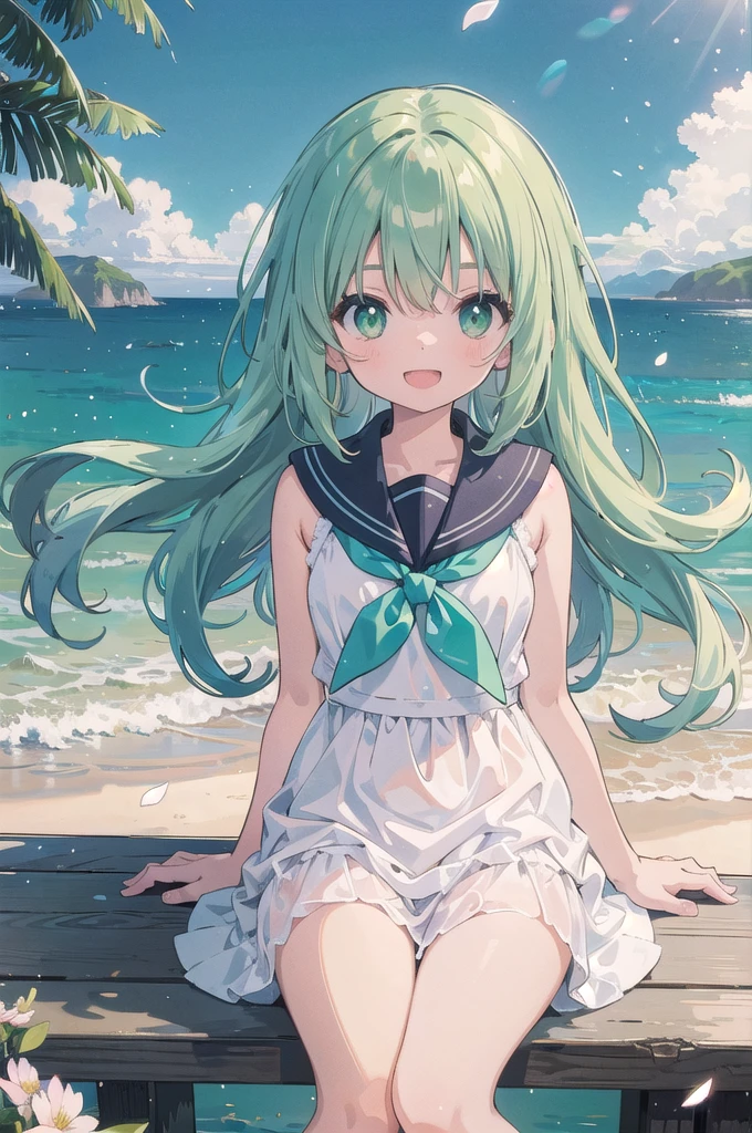 (masterpiece),  scenery,  sandy beach overlooking the sea, petals,  light particles,  upper body,  1girl,  sailor,  wavy hair,  floating hair,  smile,  sitting,  open mouth,  light particles,  green hair,  green eyes,  looking at viewer,  face focus