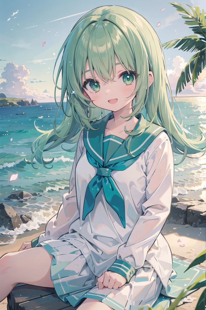 (masterpiece), scenery, sandy beach overlooking the sea, petals, light particles, upper body, 1girl, sailor, wavy hair, floating hair, smile, sitting, open mouth, light particles, green hair, green eyes, looking at viewer, face focus