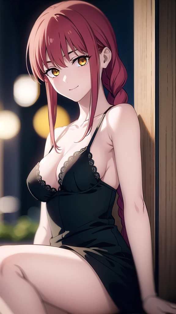 BREAK looking at viewer, BREAK outdoors, BREAK (masterpiece:1.2), best quality, high resolution, unity 8k wallpaper, (illustration:0.8), (beautiful detailed eyes:1.6), extremely detailed face, perfect lighting, extremely detailed CG, (perfect hands, perfect anatomy),makima, long hair, smile, bangs, (medium breasts:1.2), (yellow eyes:1.2),city,street,wet road,night, braid, red hair, braided ponytail, ringed eyes,japanese dress,black dress,neckline,cleavege,skinny fit,medium breasts,lace bra.