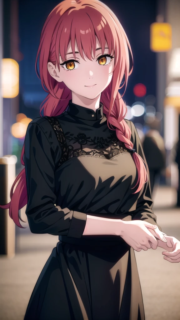 BREAK looking at viewer, BREAK outdoors, BREAK (masterpiece:1.2), best quality, high resolution, unity 8k wallpaper, (illustration:0.8), (beautiful detailed eyes:1.6), extremely detailed face, perfect lighting, extremely detailed CG, (perfect hands, perfect ???????),makima, long hair, smile, bangs, (medium breasts:1.2), (yellow eyes:1.2),city,street,wet road,night, braid, red hair, braided ponytail, ringed eyes,japanese dress,black dress,neckline,cleavege,skinny fit,medium breasts,lace bra.