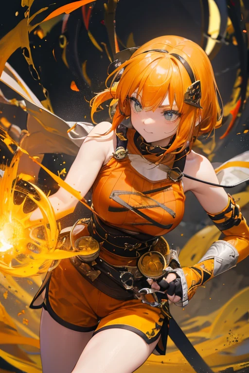 A orange and yellow and black-haired girl wears viking helmet wields the Heavy Thrusting Swords from within the Elden Ring in a reverse grip.