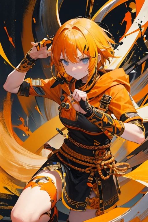 A orange and yellow and black-haired girl wears viking helmet wields the Heavy Thrusting Swords from within the Elden Ring in a reverse grip.