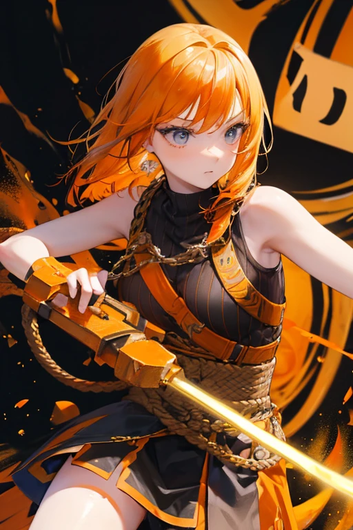 A orange and yellow and black-haired girl wears viking helmet wields the Heavy Thrusting Swords from within the Elden Ring in a reverse grip.