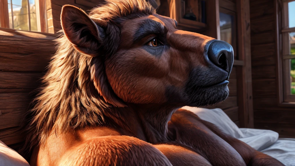 (best quality, 4k, 8k, high resolution, life-like, masterpiece:1.39), ultra detallado, (photographic rendering:1.4), portrait, profesional, vivid colors, Sharp focus, (hyperrealistic textures, morning light:1.38), detailed textures, (warm color tone:0.9), a brown minotaur laying in bed, side view, brown eyes, muscular body, sexy pose, bovine nose