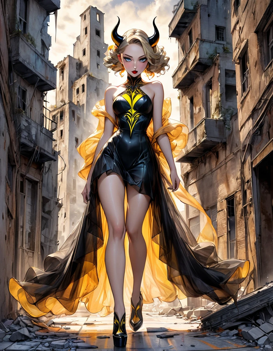 atmosphere terror devil {Amanda Sage Camilla Sanchez Edgar Degas} very fine drawing cartoon sketch art pastels watercolor pencil sketch black gold withe neon terror evil Venom rich deep color bright palette. perfect full body composition wonderful big sexy sad woman luminous face sensual allure walking city ruins masterpiece smooth smart focus