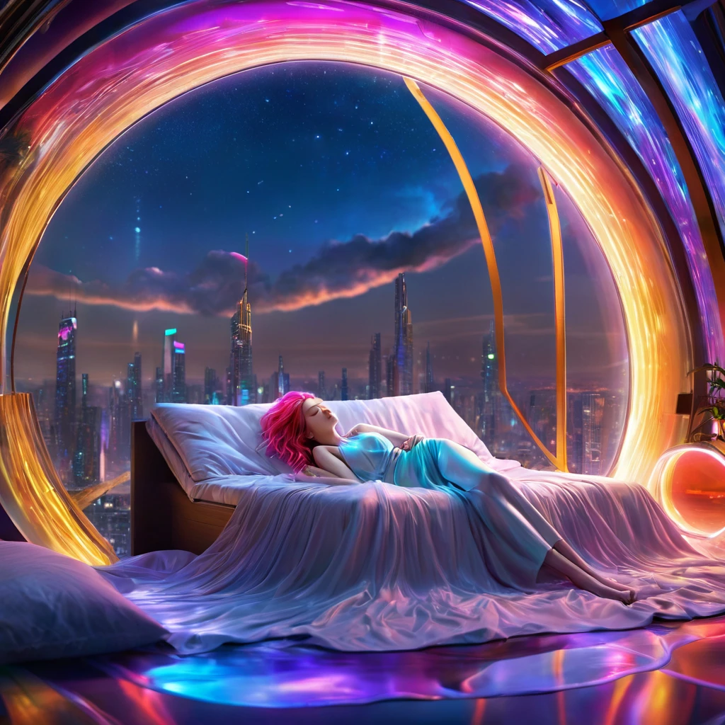 {{masterpiece}}, best quality, Extremely detailed CG unified 8k wallpaper, Movie Lighting,Futurism， A woman sleeping in bed，Long legs，Sleep with eyes closed，Huge window behind， A quiet night. , Multi-colored hair, (Colorful hair:1.5),