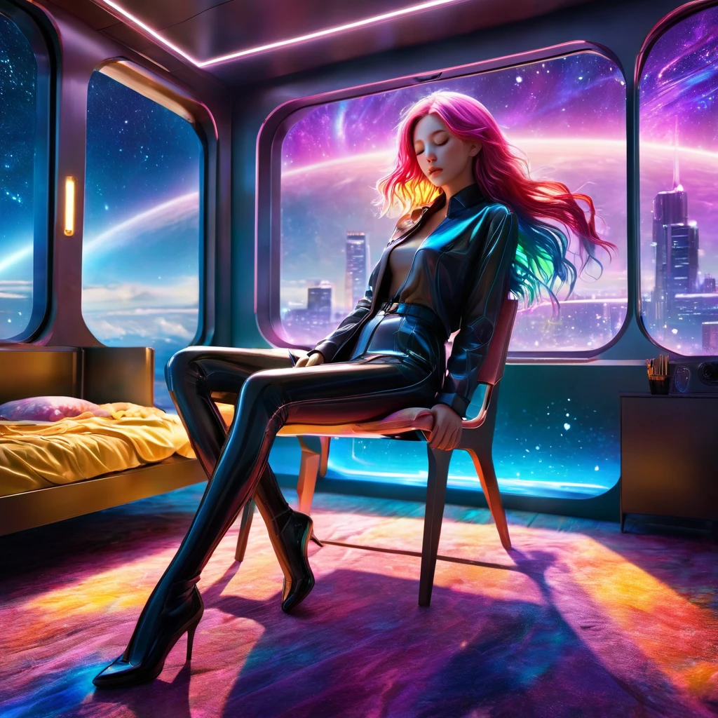 {{masterpiece}}, best quality, Extremely detailed CG unified 8k wallpaper, Movie Lighting,Futurism, A woman sleeping in bed,Long legs,Sleep with eyes closed,Huge window behind, A quiet night. , Multi-colored hair, (Colorful hair:1.5),