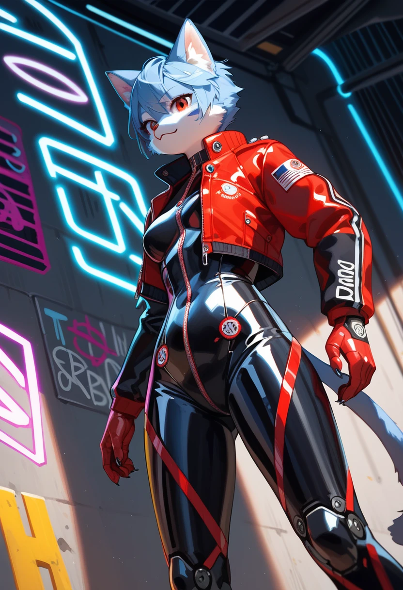 animation, Highest quality, Highest quality, High quality illustrations, masterpiece, Ultra-high resolution, Detailed Background, Futuristic Bar, Graffiti art on the wall, Absurd, Perfect Anatomy, performance, Good lighting, Shadows in the movies(kemono, Furry PersonifiCation), Cat, Blueskin, Red Rubber Suit, latex, neon, neonライト, neonカラー, Bodysuits, Cyber Suit, Leather Half Jacket, cyber punk, Dynamic Angle