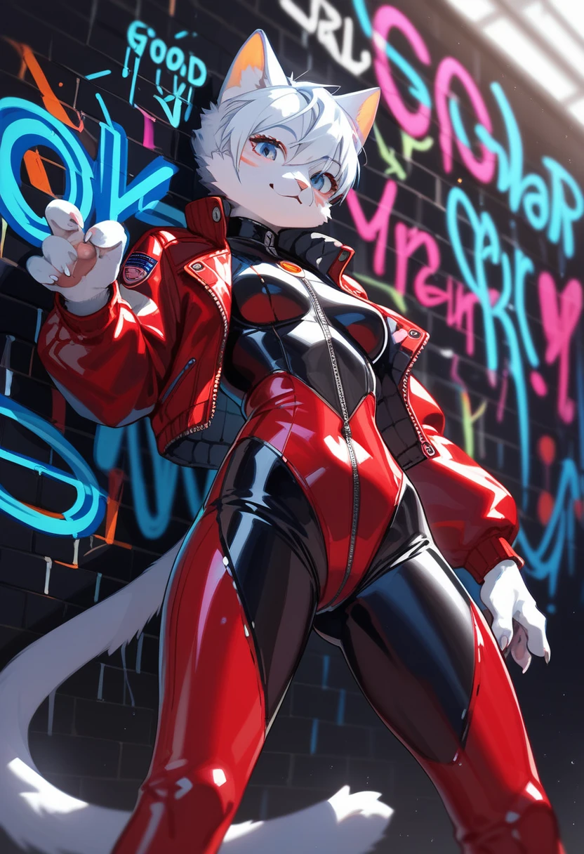 animation, Highest quality, Highest quality, High quality illustrations, masterpiece, Ultra-high resolution, Detailed Background, Futuristic Bar, Graffiti art on the wall, Absurd, Perfect Anatomy, performance, Good lighting, Shadows in the movies(kemono, Furry PersonifiCation), Cat, Blueskin, Red Rubber Suit, latex, neon, neonライト, neonカラー, Bodysuits, Cyber Suit, Leather Half Jacket, cyber punk, Dynamic Angle
