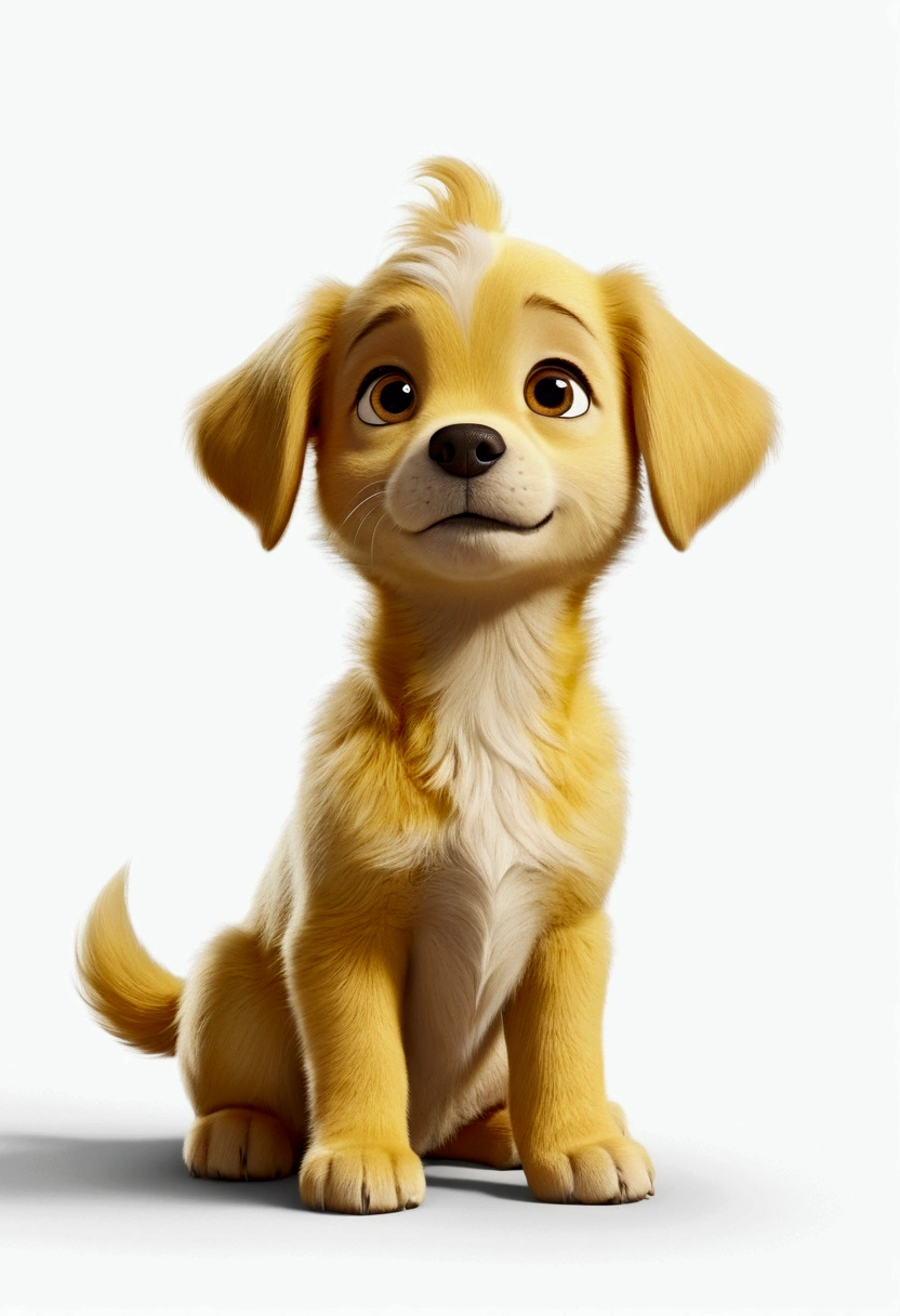 little puppy, filhote, White background, disney pixar 3d style, Simpler, fluffly, short yellow coat, bright coloured, tail curled up, looking at side, from sideways