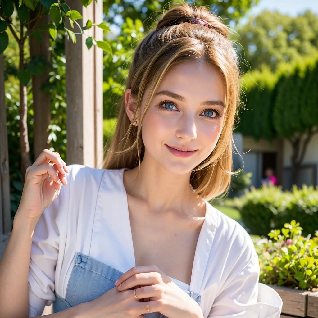 ((la plus haute qualité)), ((chef-d'œuvre)), (détaillé), (Tournage dans un macdonald)、image corporelle complète、Une belle fille rare、Une fille de 21 ans originaire d'Europe、Svelte、yeux bleus、A petit collier, petites boucles d'oreilles, un sourire timide, détaillé, costume œil de chat, longs cheveux blonds, pose attrayante, mouvement dynamique, maquillage naturel, fard à paupières rose, fond urbain proche du futur
