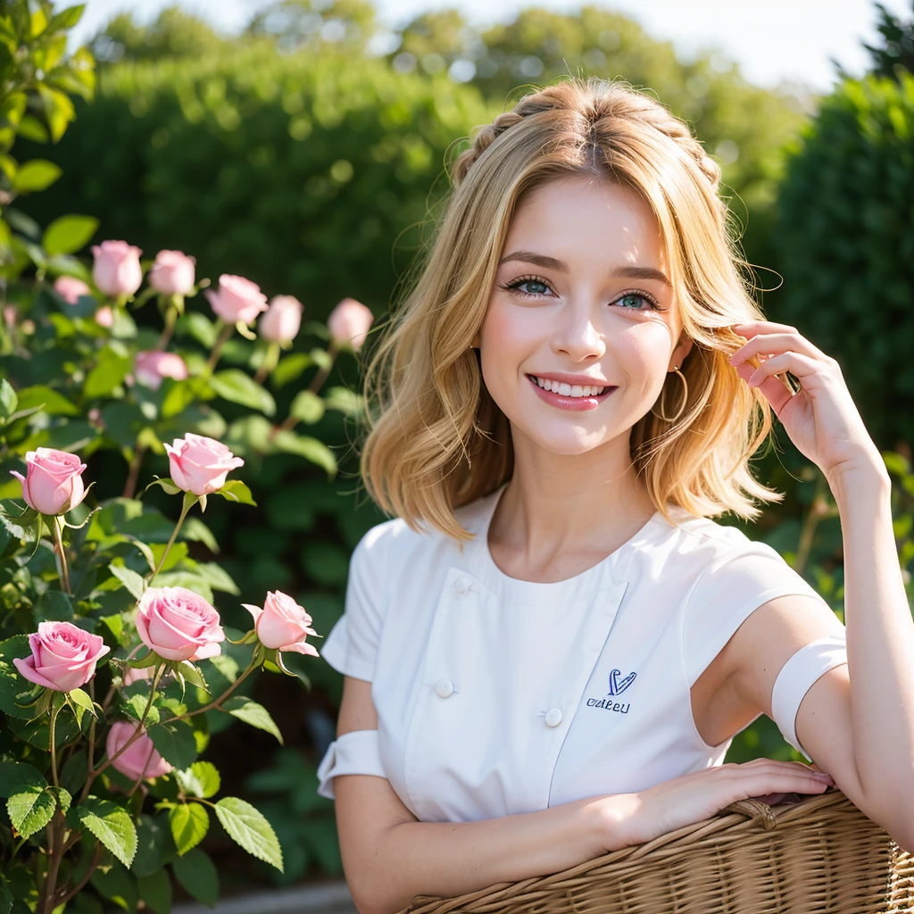 ((la plus haute qualité)), ((chef-d'œuvre)), (détaillé), (Tournage dans un macdonald)、image corporelle complète、Une belle fille rare、Une fille de 21 ans originaire d'Europe、Svelte、yeux bleus、A petit collier, petites boucles d'oreilles, un sourire timide, détaillé, costume œil de chat, longs cheveux blonds, pose attrayante, mouvement dynamique, maquillage naturel, fard à paupières rose, fond urbain proche du futur
