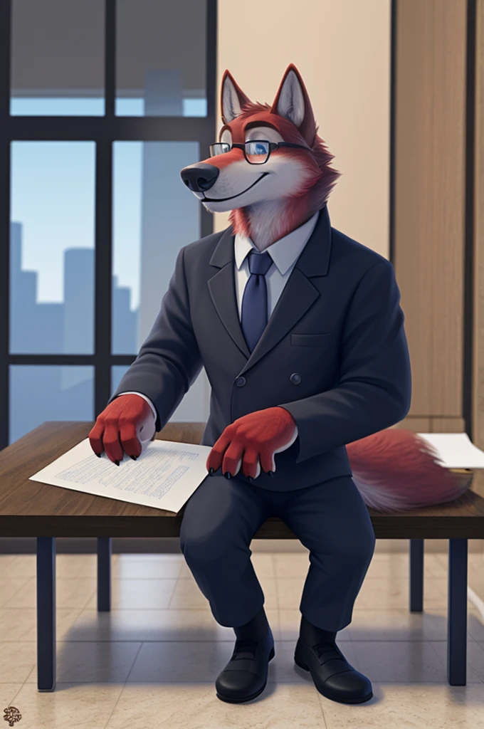 Ivan Fedorovich Wolfbach (Novosibirsk) ,Tall, handsome man, wolf,young, 24 years, brown fur,Kind,(red body:1.3),beautiful blue eyes,Novosibirsk,dressed, glasses black jacket awards on jacket, shirt, black tie, trousers,shoes, wolf, detailed fur, man ,paw pads, finger claws,per viewer, 5 fingers, paws, 5 fingers, smile, wrist watch, nextel, by xenoforge, (complex, high detail, digital photography, soft focus, RAW variety viewer, Very close to the camera) , variety, Novosibirsk, smile, good mood, positive, Very close to the camera, GOVERNOR,coming, ministry of health,cabinet, GOVERNORа, writes documents, to the city, GOVERNOR Novosibirskа, conference table, Colleagues,самый young GOVERNOR, black tie,
Photorealism, realism, digital style, Subsurface scattering, I look at the viewer, is sitting,conference table, handle, paper,
masterpiece, Best quality, ultra realistic, 8 thousand.)