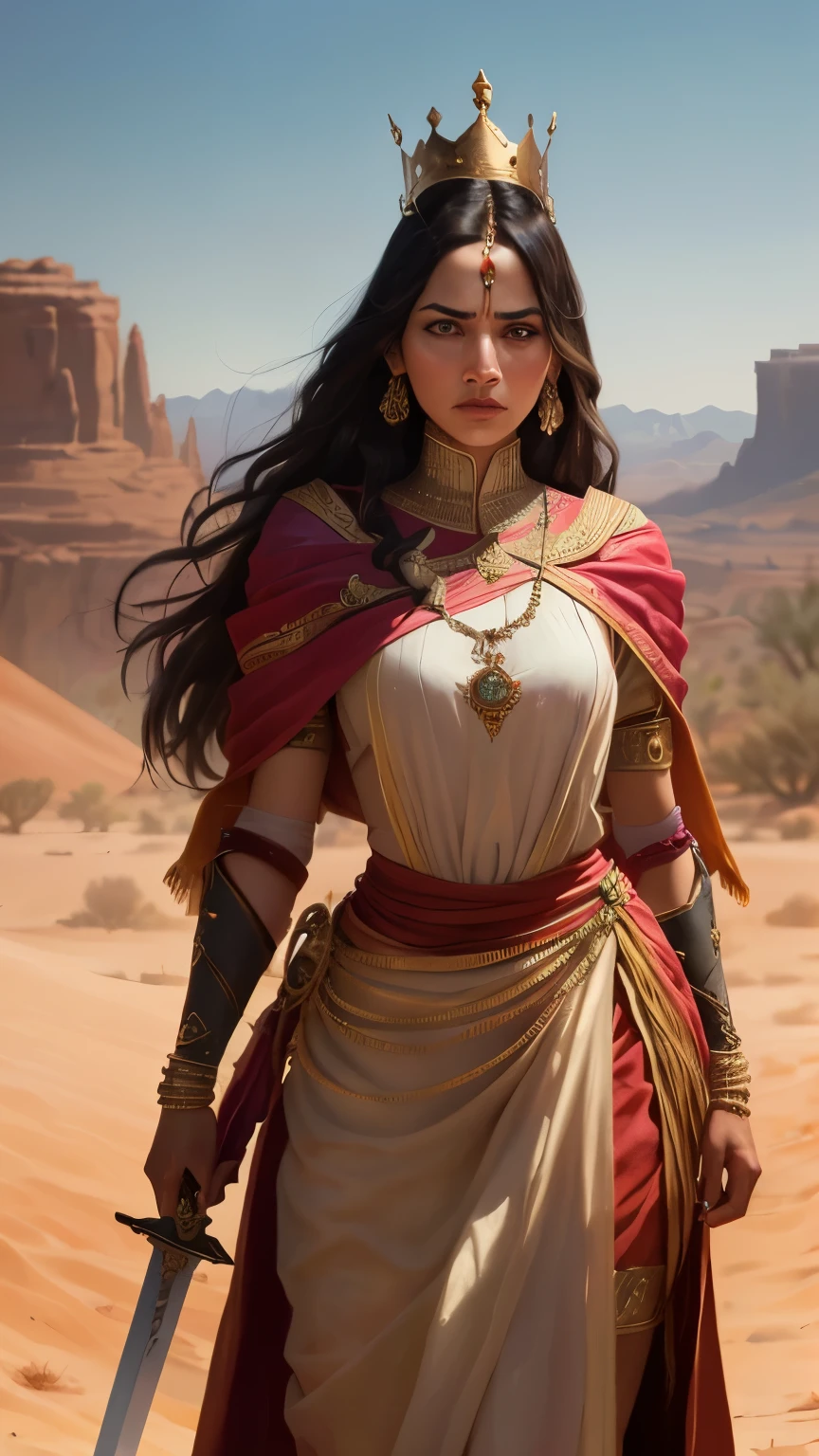 ((best quality)), ((masterpiece)), (detailed), A digital painting of a queen in traditional Indian dress wielding a sword in a desert landscape. The queen has a fierce expression on her face.