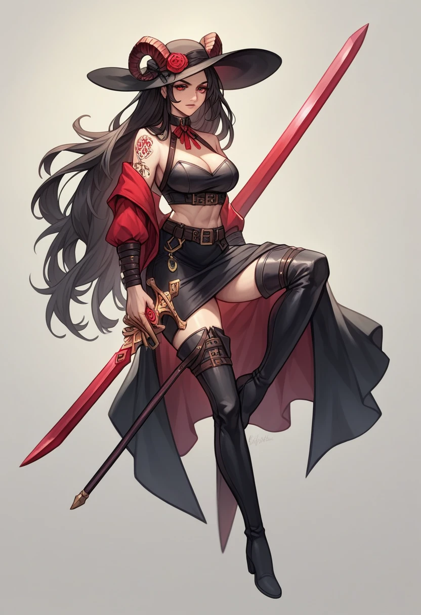 (absurdres, highres, ultra detailed, UHD, cinematic), solo, 1girl, skin body color white, mature, mature expression, girl sitting with her leg cross, full body, tattoo in front of the collar neck, wearing a rose assassin, bottom wearing insurrectionist female assassin, coquette ribbon knitted arm warmers black red, black skirt with belt, y2k thigh high boots black, black long hair extension, wearing black pierced wide brim hat, red eyes, edgebringer midsize goat horns dark, carrying a red elemental sword on her back, calm, light-dark, environment,