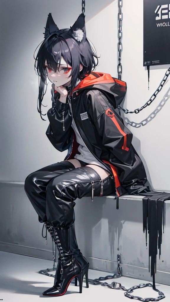 Movement restricted by chains,Being chained to the wall,Sweat,shortness of breath,Head yoke,whole body,shota,Beastman,Wolf,Wolf Cut,Long Parka,pants,He looks exhausted.,
Shiny lace-up long boots,Stiletto heels,Adhesive Restraint,first round