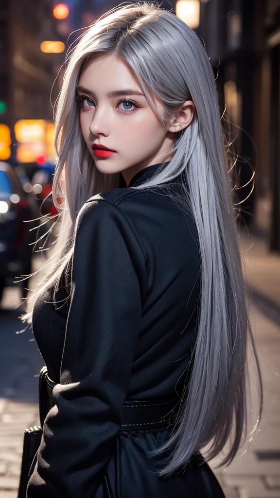 Urban beautiful girl college student, masterpiece, light makeup, Red lips, Silver Hair, Disheveled long hair, Street background, beautiful, elegant. Extremely fine detail, Master Works, Authentic texture, Realism in film lighting, Perfect job, 16K, High resolution, exquisite features,Dark Blue Eyes、See who's watching、Sharp Eyes、Increase eye power、Top idols of Japan、beautiful顔、Cute Smile、Natural Makeup、Thick long eyelashes、Delicate brown hair、beautiful hair、ponytail、glamorous、 Big Breasts、Erect nipples、Greasy muscles、Glossy beautiful skin、Sunburned skin、Glowing Skin、Tight sexy knit sweater, (Fully clothed:1.5)、Bright big eyes, Smooth Skin, Earrings, necklace, Vibrant professional photos