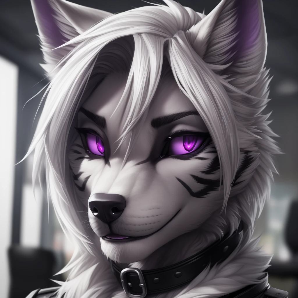 uploaded on e621, (by Wildering, by Koul, by fluff-kevlar, by aycee, by kilnah), solo, female wolf, wolf ears, neck tuft, ((black sclera, purple eyes)), ((office attire)), (masterpiece), (best quality), (anthro furry:1.3, snout:1.3, anthro:1.3, furry:1.2, solo female:1.2), (((black stripes on body, grey fur))) BREAK ((white hair)), (office background, depth of field, ambient light on the body), (intricate:0.7), (high detail:1.3), (unreal engine:1.3), (sharp focus:1.15), (masterpiece, best quality, 4k, 2k, shaded, absurd res), ((leather collar)), ((focus on head))