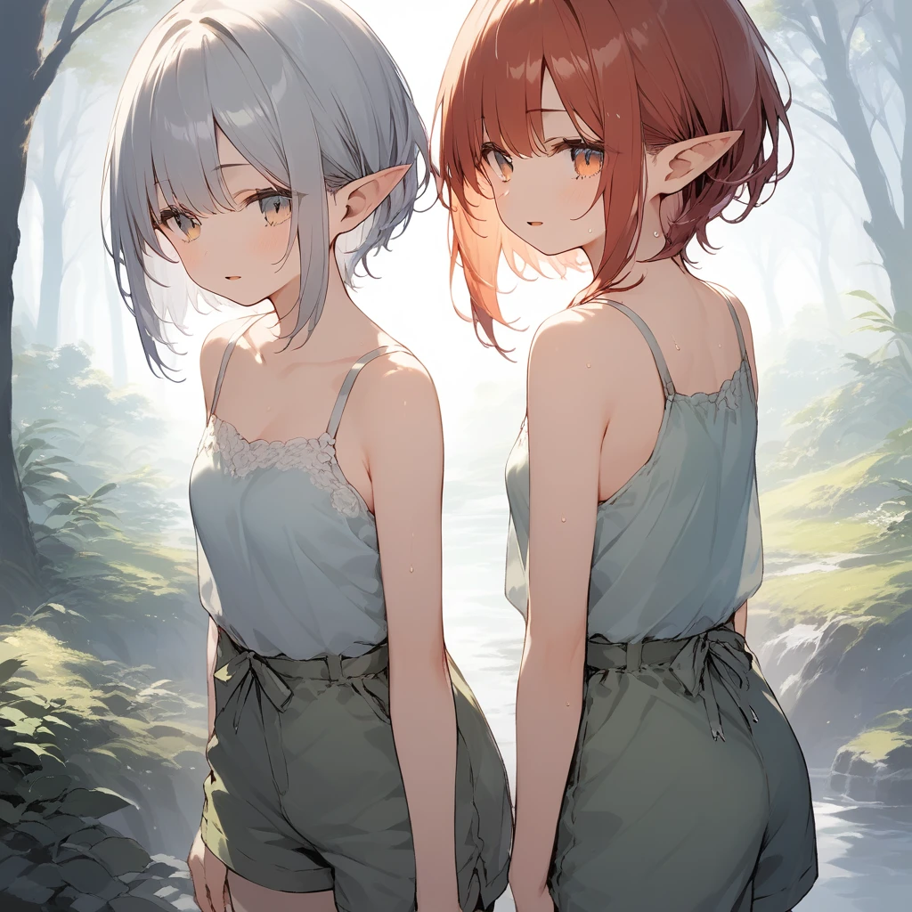 score_9, score_8_up, score_7_up, source_anime, best quality, masterpiece, official art, absurdres, highres, ultra-detailed,waifu2x,Collection: Slice of Life,break,1girl, elf, short hair, slender, androgynous,expressionless, small breasts, beautiful detailed eyes, green shorts, sweat, open mouth, sleepily, outdoors, forest, spring,break,(clear line illustration:1.2), super detailed skin,very high resolution, very aesthetic, Best sexual lighting powered by famous artist, 8k,cute picture,beauty illustration,photoshop_(medium),,(Detailed Lighting),best anime 8k konachan wallpaper, pixiv contest winner, 