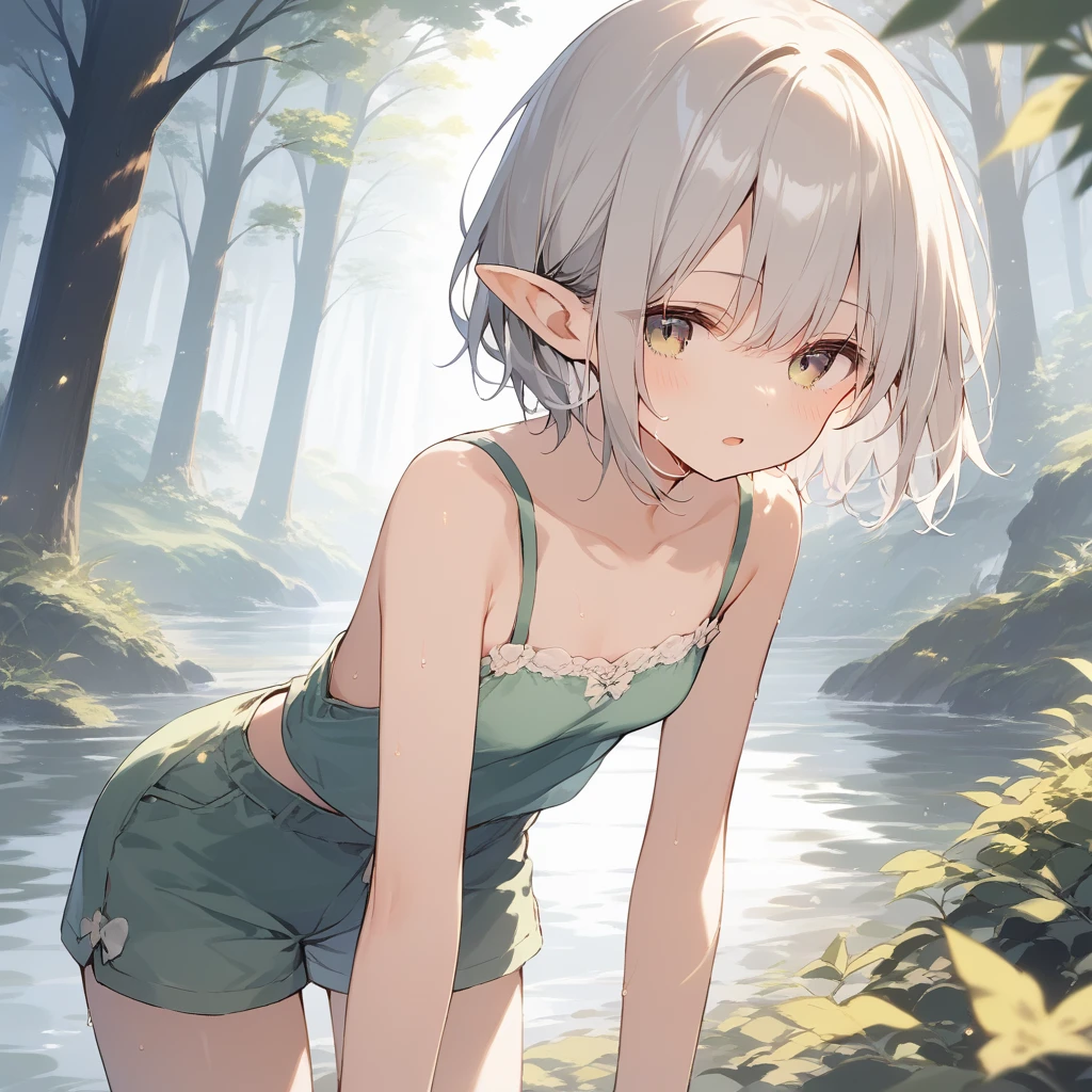 score_9, score_8_up, score_7_up, source_anime, best quality, masterpiece, official art, absurdres, highres, ultra-detailed,waifu2x,Collection: Slice of Life,break,1girl, elf, short hair, slender, androgynous,expressionless, small breasts, beautiful detailed eyes, green shorts, sweat, open mouth, sleepily, outdoors, forest, spring,break,(clear line illustration:1.2), super detailed skin,very high resolution, very aesthetic, Best sexual lighting powered by famous artist, 8k,cute picture,beauty illustration,photoshop_(medium),,(Detailed Lighting),best anime 8k konachan wallpaper, pixiv contest winner,