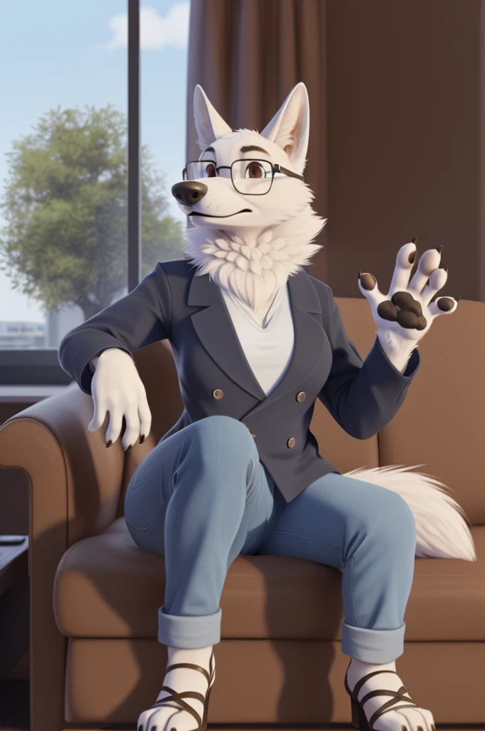 Barbara\(Moscow\), (white body:1.3), white fur, Brown eyes, Moscow, dressed, denim glasses jacket, jeans, pink open-heeled sandals, dog, wolf, Detailed fur, Woman, breasts, anthro, paw pads , finger claws, treats guests, waving to the viewer, 5 fingers, paws, 4 toes, ring, sitting at home
BREAK from nextel, for dating, from xenoforge, (complex, high detail, film shooting, soft focus, RAW sitting at home,
Photorealism, realism, photorealism, digital style, Subsurface scattering,
masterpiece, Best quality, ultra realistic, 8k)