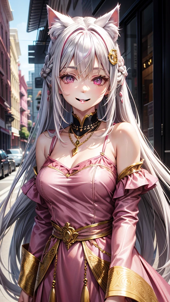 Silver hair, pink eyes, older woman, pink red and gold clothes, hair ornament, cat ears, necklace, long hair, smiling face, upper body