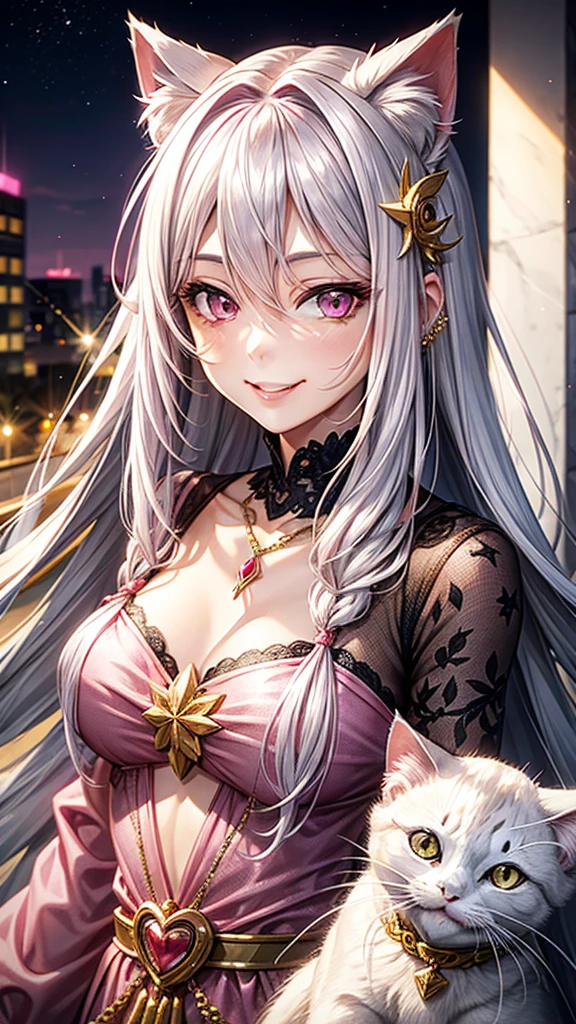 Silver hair, pink eyes, older woman, pink red and gold clothes, hair ornament, cat ears, necklace, long hair, smiling face, upper body