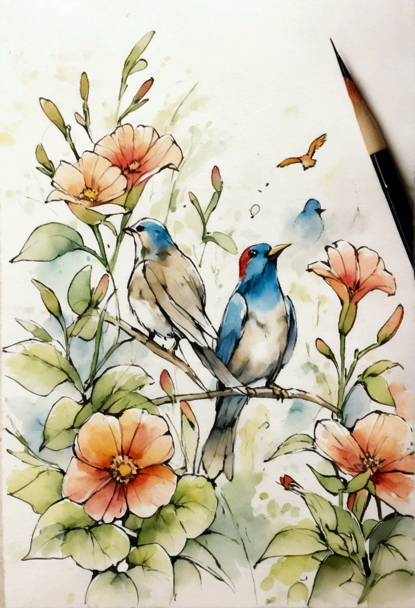 Flowers and birds, sketching, Watercolor color.