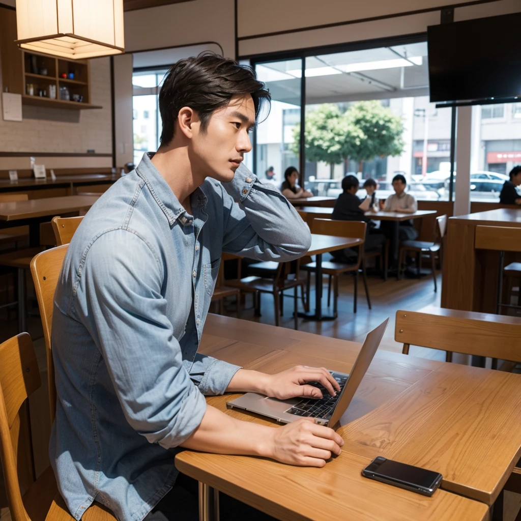 There is a man sitting at a table with a laptop,Japanese men,sitting in a cafe,