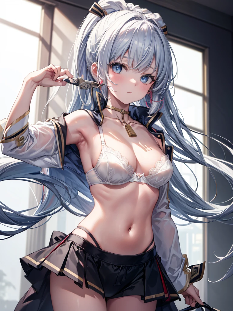 (((masterpiece))), (portrait), Diffused light, dynamic shadow, sharp focus, really, detailed, high resolution, accurate texture, anatomically correct, fascinating face, white background, , armpit, turn to the side, black choker, (((white bra))))、white panties、 navel, medium chest