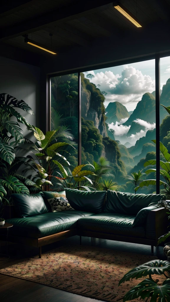 Living room with a view of a mountain and a forest, mountainous jungle scenery, jungle scenery, Like a scene from Blade Runner, magical atmosphere, pintura escura ultrarrealista, in a jungle environment, pleasant environment, cloud forest, beautiful jungle, moody environment, lush jungle, Inside an alien jungle, plants and jungle, rainforest mountains, relaxing environment