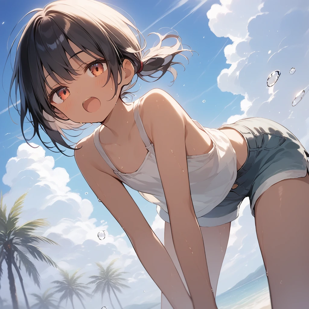 score_9, score_8_up, score_7_up, source_anime, best quality, masterpiece, official art, absurdres, highres, ultra-detailed,waifu2x,Collection: Slice of Life,break,1girl, tomboy, dark-skinned female, short hair, low ponytail, flat chest, beautiful detailed eyes, short shorts, sweat, open mouth, (yawn:0.3), sleepily, outdoors, wind,break,(clear line illustration:1.2), super detailed skin,very high resolution, very aesthetic, Best sexual lighting powered by famous artist, 8k,cute picture,beauty illustration,photoshop_(medium),,(Detailed Lighting),best anime 8k konachan wallpaper, pixiv contest winner,