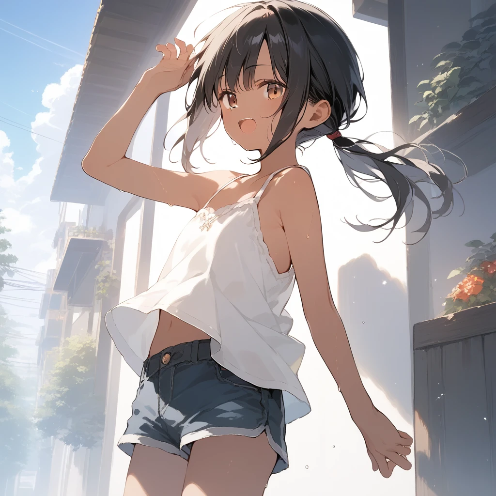 score_9, score_8_up, score_7_up, source_anime, best quality, masterpiece, official art, absurdres, highres, ultra-detailed,waifu2x,Collection: Slice of Life,break,1girl, tomboy, dark-skinned female, short hair, low ponytail, flat chest, beautiful detailed eyes, short shorts, sweat, open mouth, (yawn:0.3), sleepily, outdoors, wind,break,(clear line illustration:1.2), super detailed skin,very high resolution, very aesthetic, Best sexual lighting powered by famous artist, 8k,cute picture,beauty illustration,photoshop_(medium),,(Detailed Lighting),best anime 8k konachan wallpaper, pixiv contest winner, 