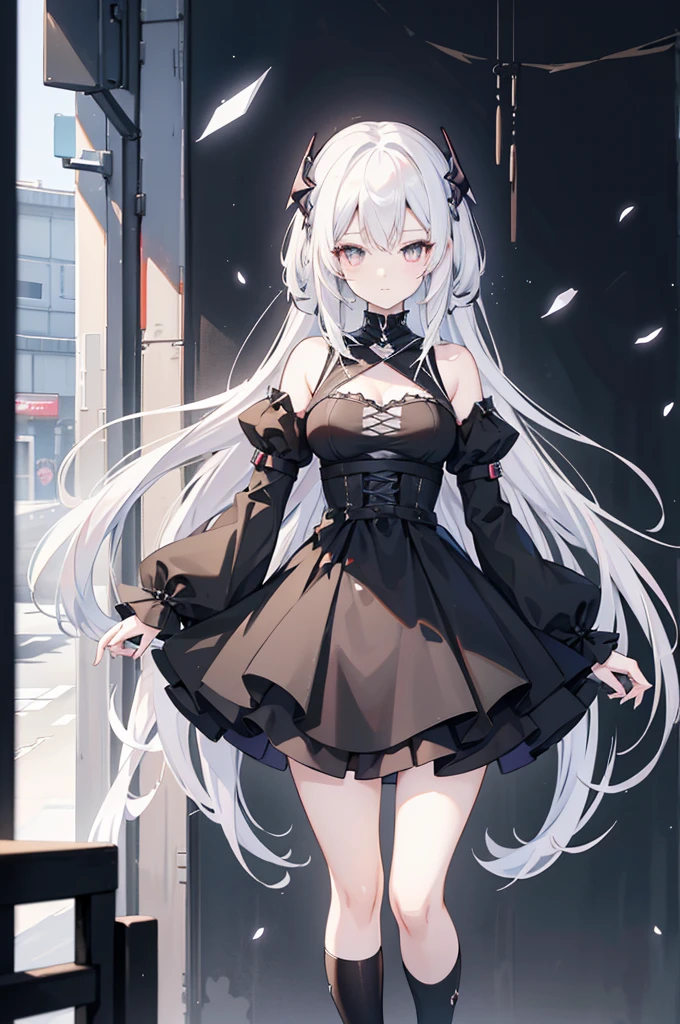 Anime-style image of a woman with white hair and black clothing, Cute 3D anime girl render, Cute anime waifu in a nice dress, From Arknights, Anime VTuber Full Body Model, April Rendering, Anime girl in a black dress, Gothic Maiden Anime Girl, Highly detailed characters, Official character art