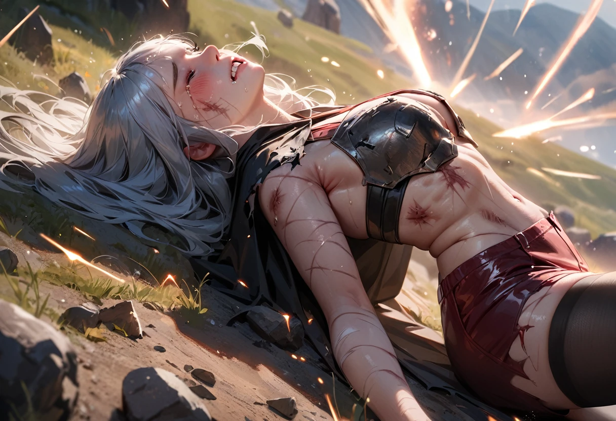 (best quality), (masterpiece), very aesthetic, absurdres, high res, all detailed, realistic, 1girl, (two side up), long hair, silver hair, (red pencil Dress, one side shoulders armor with Cape, pencil miniskirt), medium cleavage, [black thigh-highs], [white panties], (injury skin, scar skin, bleeding skin, torn clothes:1.1), Broken Armor, NSFW, lying, on back, arched back, (one eye closed, tears), sigh, blush, sweat, (outdoors, hill), sparks, shockwave, stone Debris, cinematic lighting, diffraction spikes, three quarter view