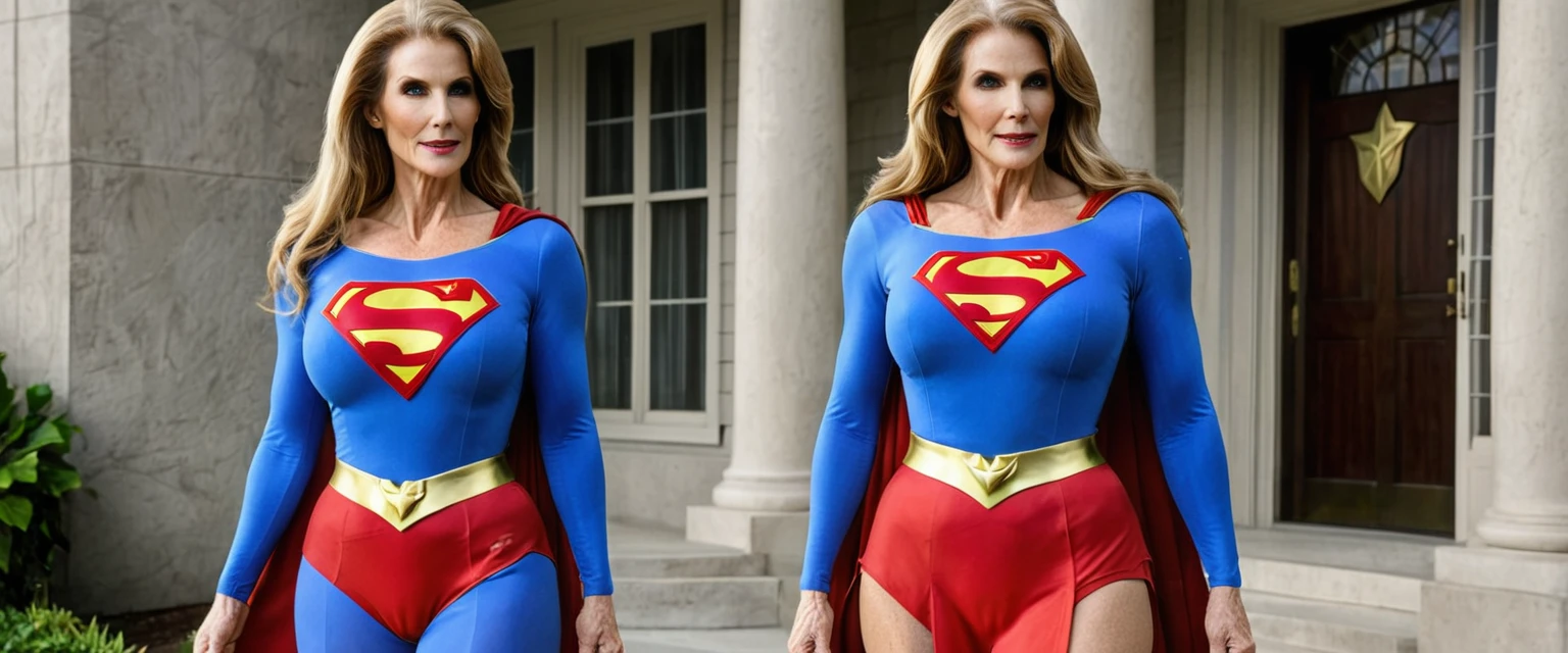 strong/powers sexy Superold woman Julie Hagerty Supergirl 1984s DC comics costume; big and strong breasts. HD. Photograph, ((realism)), extremely high quality RAW photograph, ultra detailed photograph, sharp focus, high resolution, (detailed skin:1,3),high quality, film grain, Fujifilm XT3,Highly Detailed, movie, (Cinematic Photo:1.3) of (Realistic:1.3)